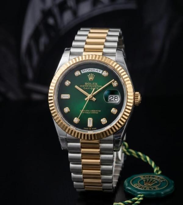 Role_x Oyster Perpetual Day Date Diamond 2Ton-Gold-Green 40 Battery