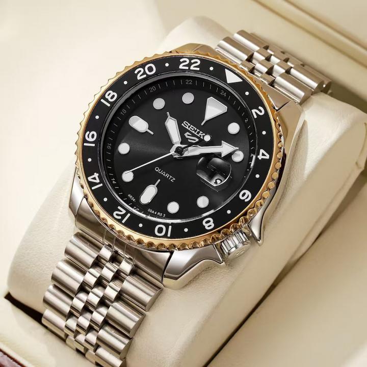 Sei.ko 5 Sports GMT Quartz Movement Silver Black Gold Border-Bazel