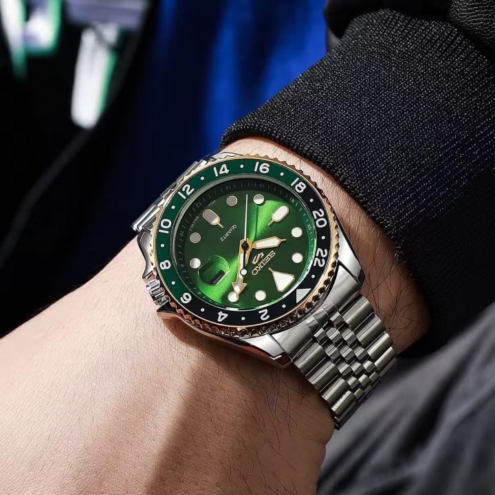 Sei.ko 5 Sports GMT Quartz Movement Silver Green Gold Border-Bazel