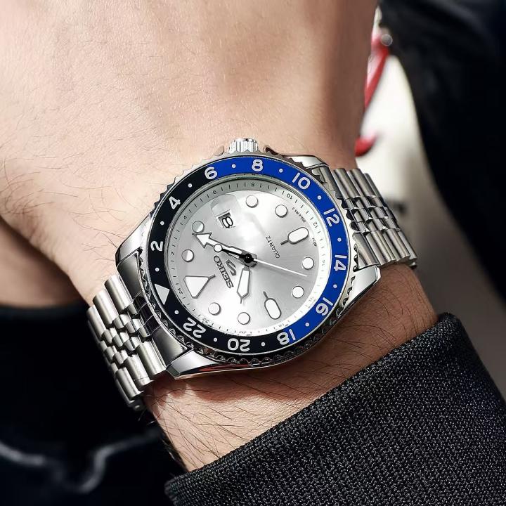 Sei.ko 5 Sports GMT Quartz Movement Silver White 2Ton Bazel