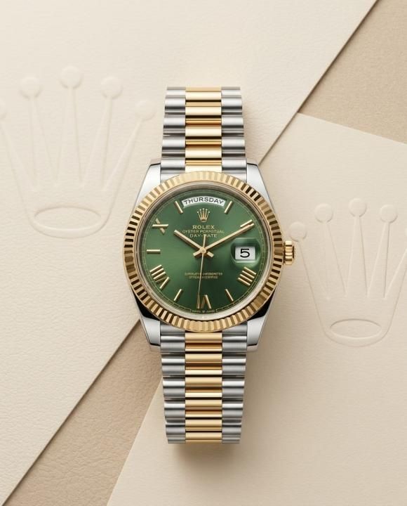 Rolee_x Oyster Perpetual Day Date 40 Battery 2Ton-Gold-Green