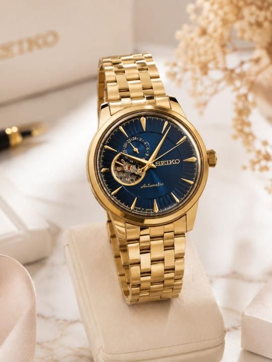 Sei.ko Presage Cocktail Time Open Heart Automatic gold blue