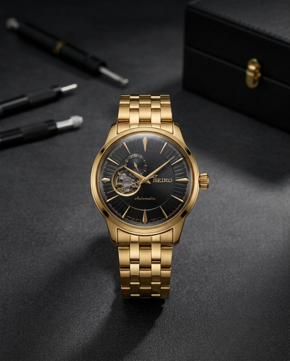 Sei.ko Presage Cocktail Time Open Heart Automatic gold black