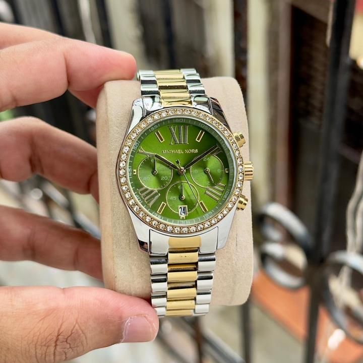 Michae_el Kors Lexington Chronograph womens 2 ton gold green