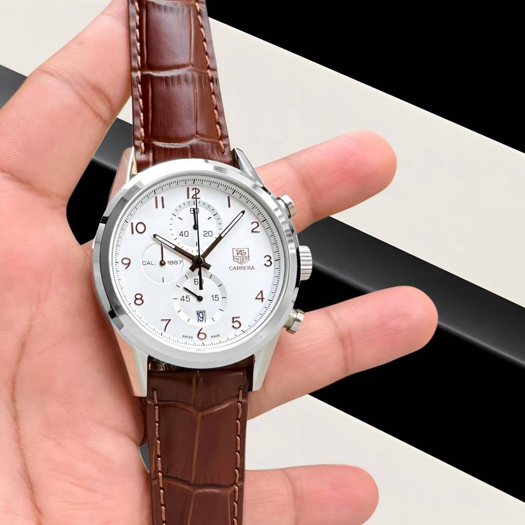 TAG Heueer Carrera Calibre 1887 Automatic Chronograph brown and white