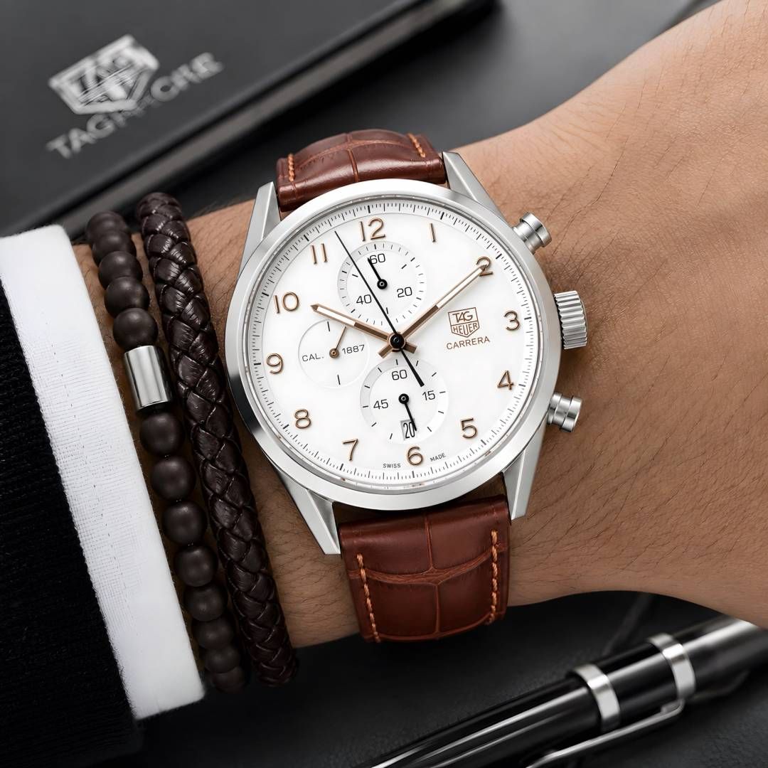 TAG Heueer Carrera Calibre 1887 Automatic Chronograph brown and white