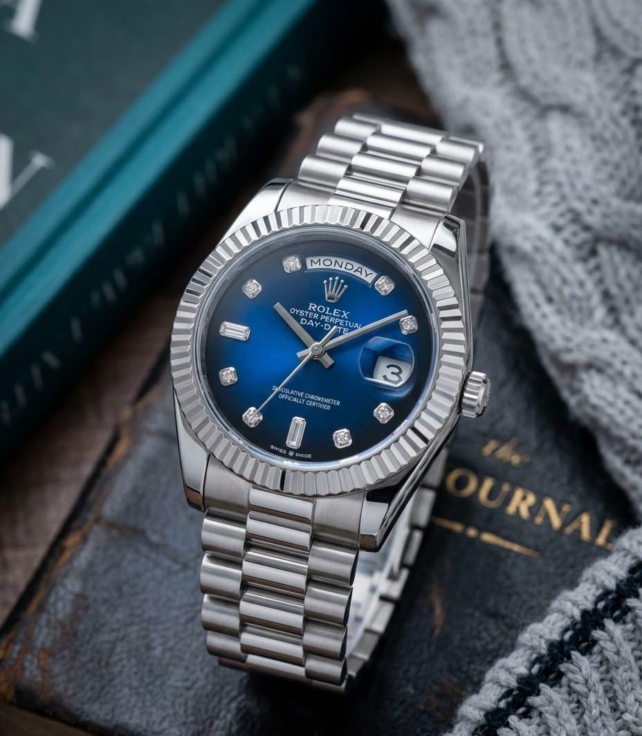 Rol.ex Oyster Perpetual Day Date Diamond Silver 40 Battery