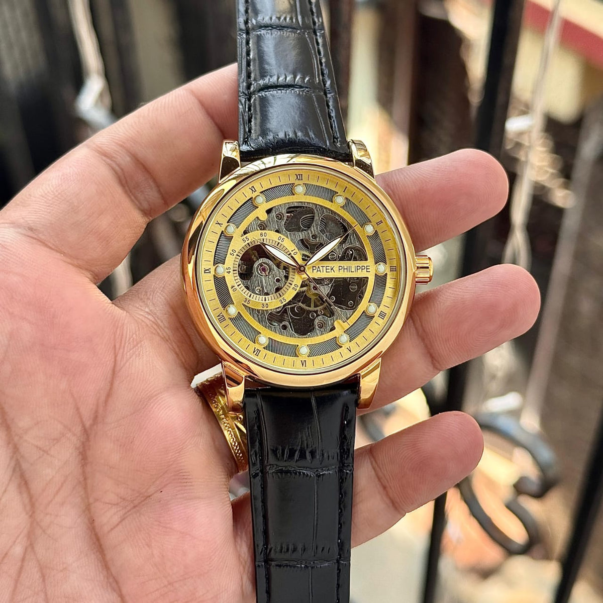 Pa.tek_Philippe Gold-Tone Automatic Mechanical Skeleton