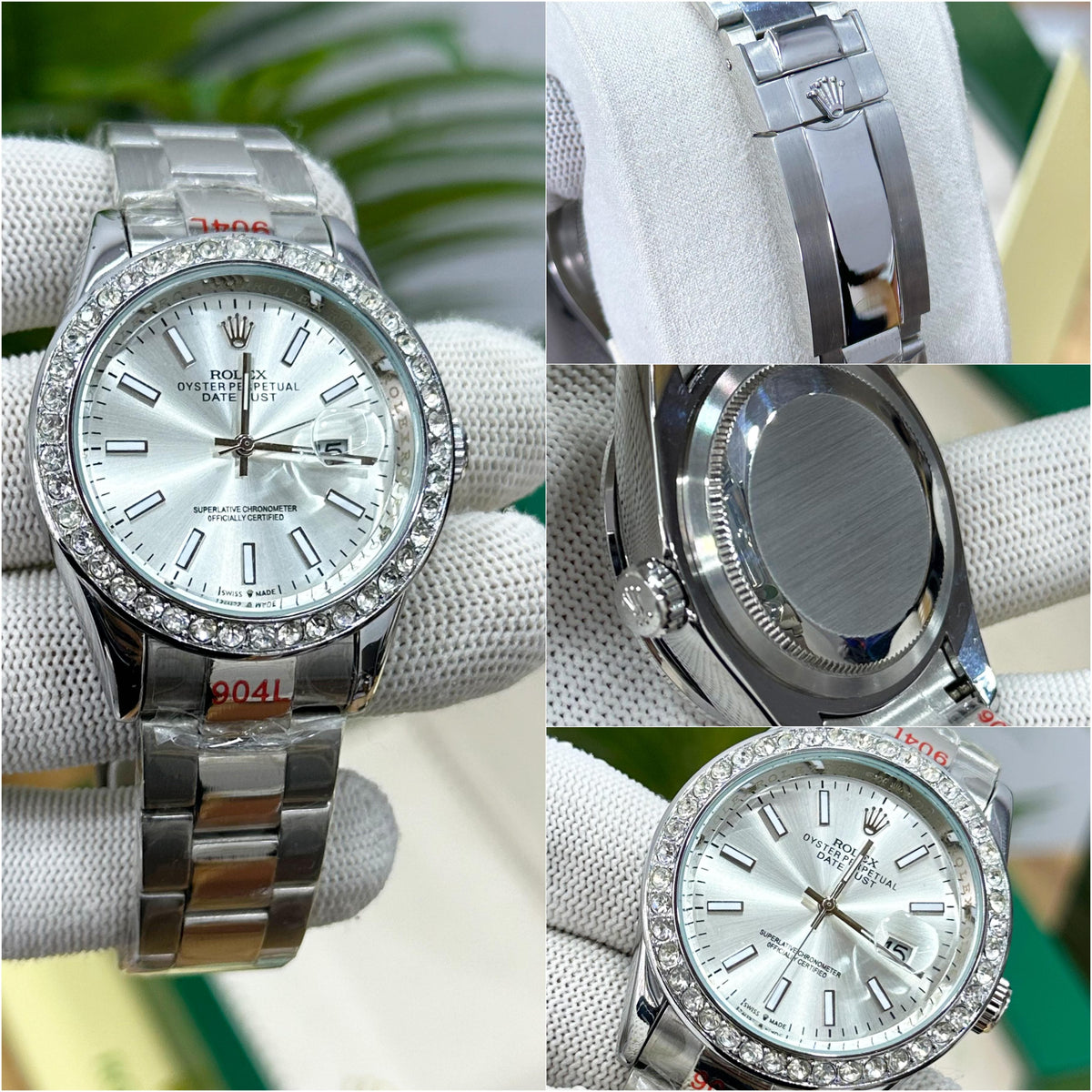 ROL.EX DATE JUST ALL SILVER INDEX DIAL WITH DIAMOND BEZEL