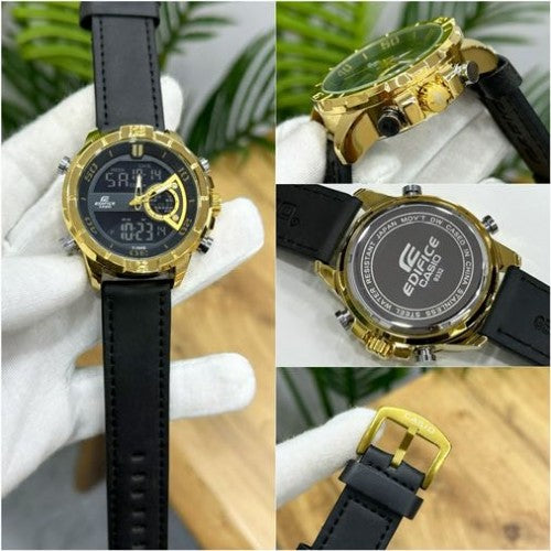 NEWCASIO EDIFICE DUAL ANALOGUE LEATHER STRAP black gold