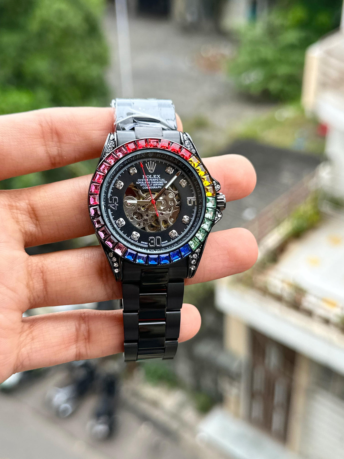 ROL.EX DAYTONA RAINBOW DIAL OPEN HEART ALL BLACK