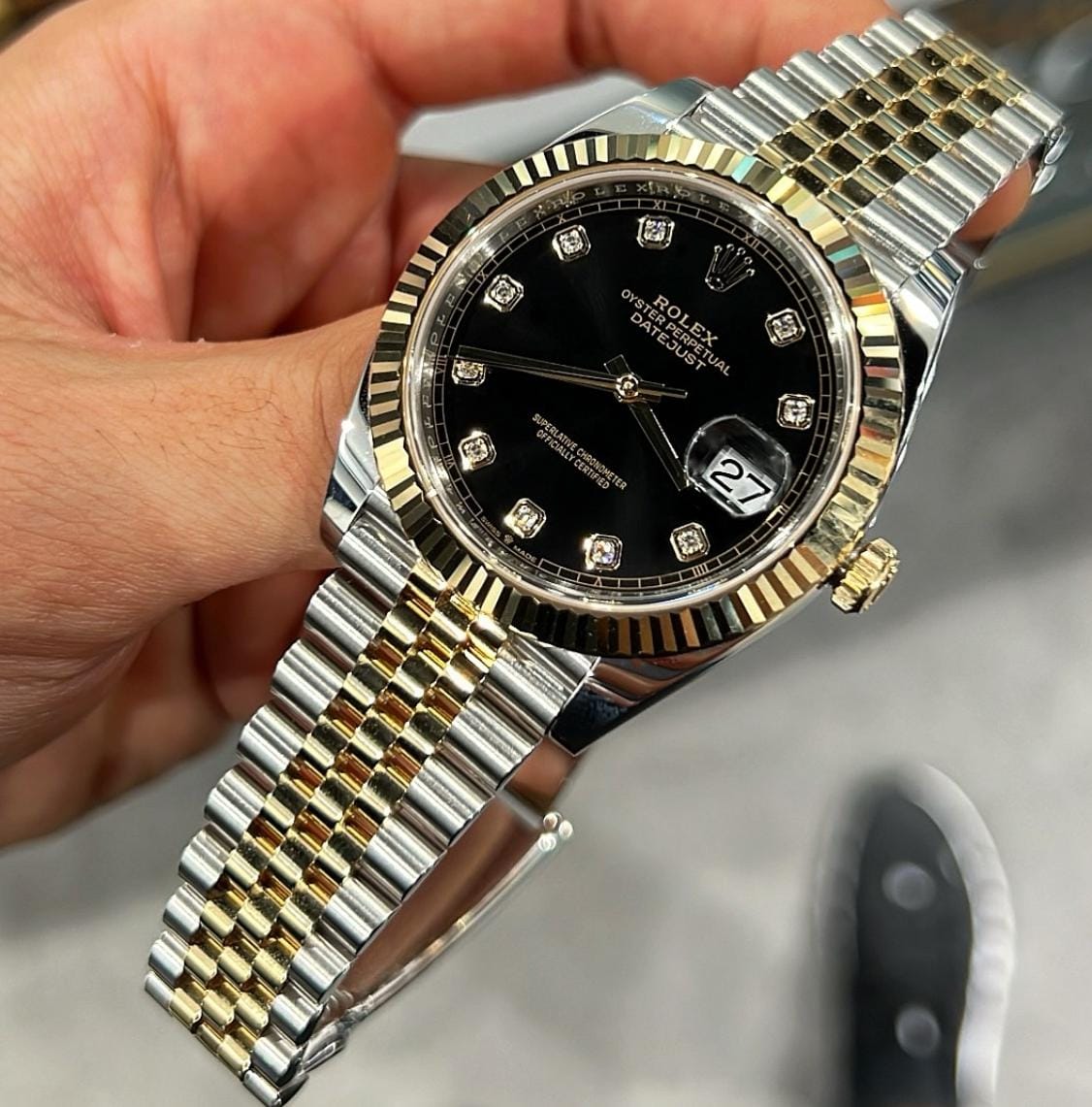 Rol.ex Oyster Perpetual Date Just Diamond 2Ton-Gold-Black Working Like Automatic