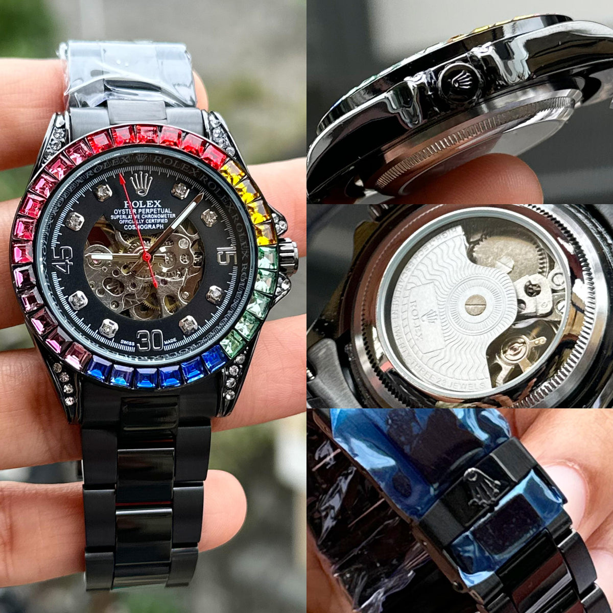 ROL.EX DAYTONA RAINBOW DIAL OPEN HEART ALL BLACK