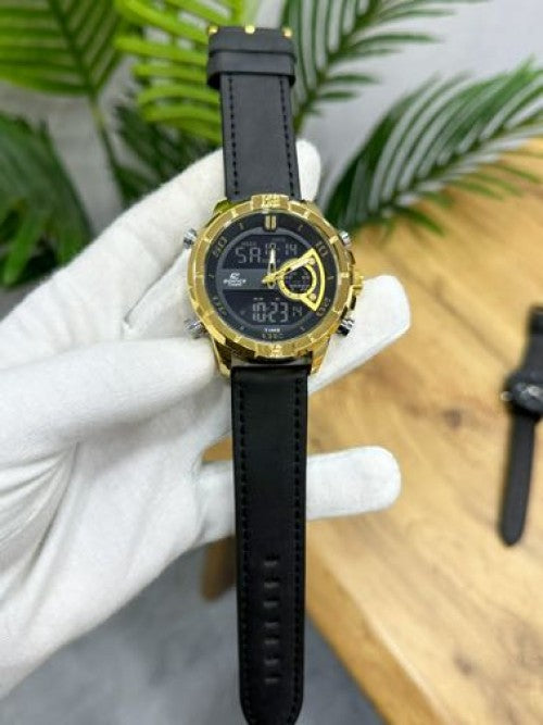 NEWCASIO EDIFICE DUAL ANALOGUE LEATHER STRAP black gold