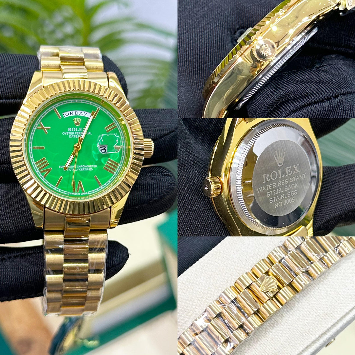 ROL.EX DAY-DATE GOLD, GREEN DIAL ROMAN NUMBERICAL