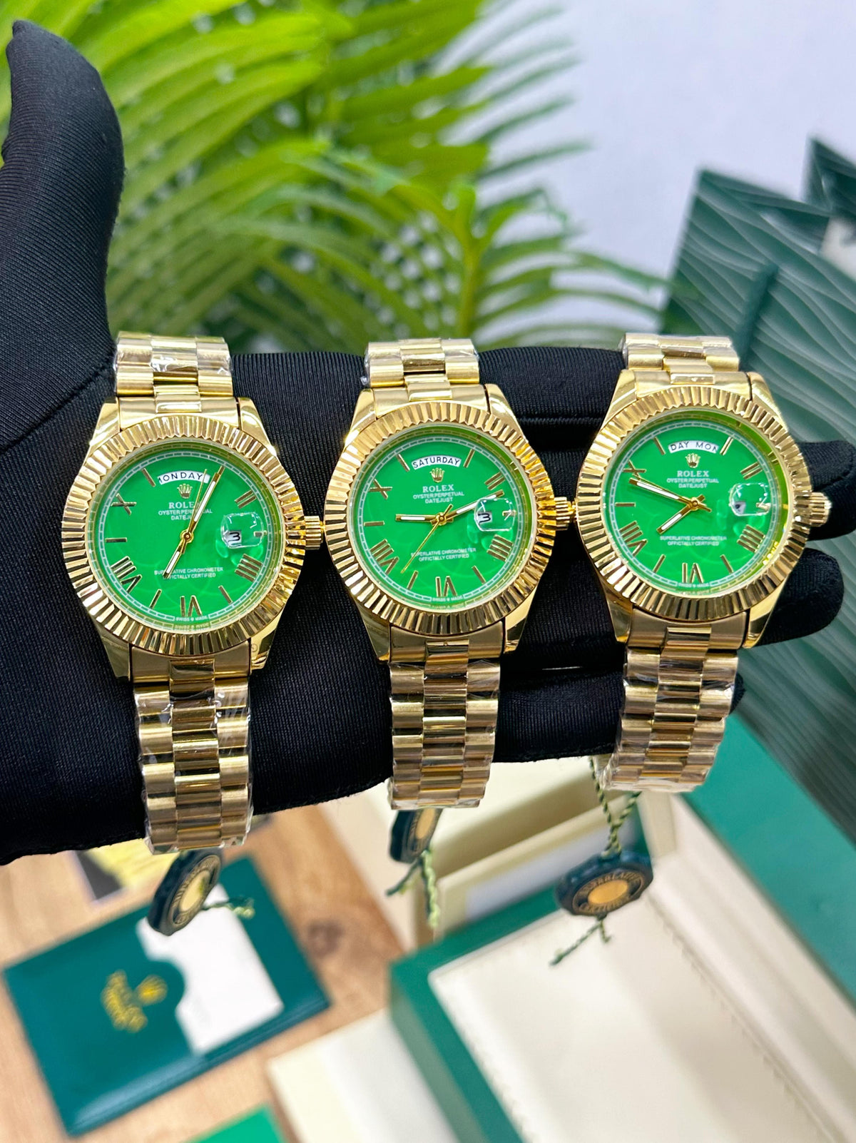 ROL.EX DAY-DATE GOLD, GREEN DIAL ROMAN NUMBERICAL